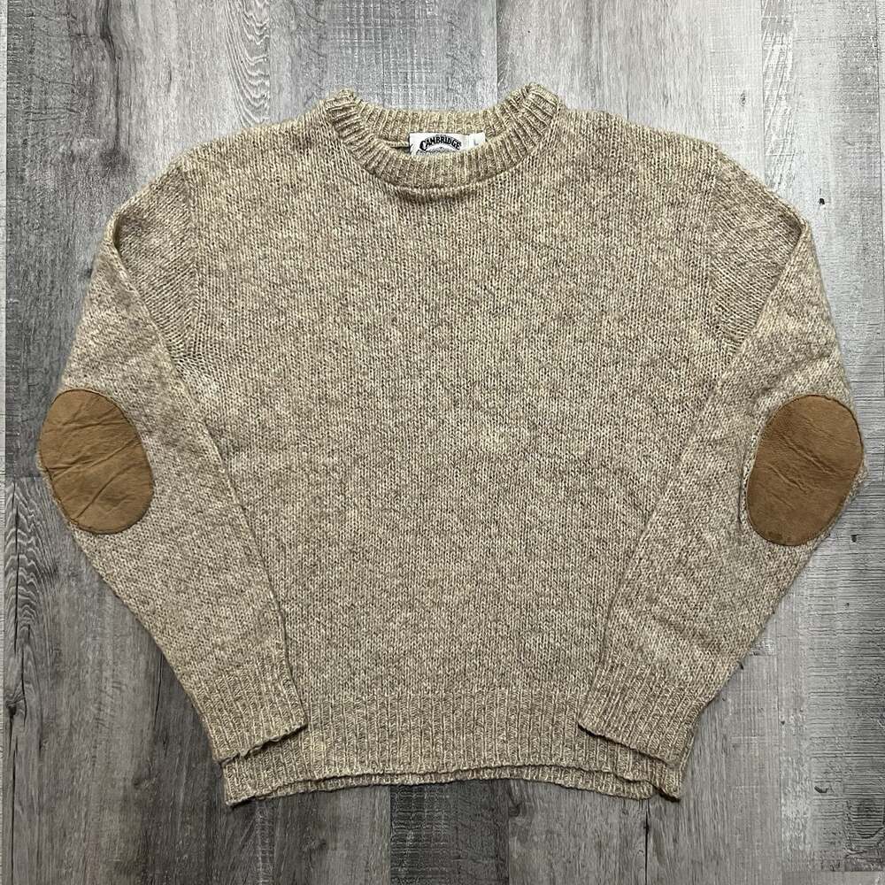 VTG Cambridge Dry Goods British Ragg Wool Patched Elbow Oatmeal Sweater Sz L